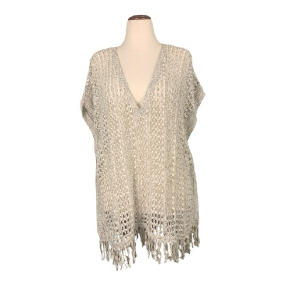 Crochet Beige Fronge Summer Open Knit Poncho Style Sweater Beach Cover Up Large